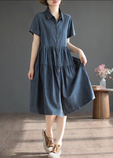 Vestidos camiseros largos de mezclilla de vacaciones de seda sólida con patchwork azul retro